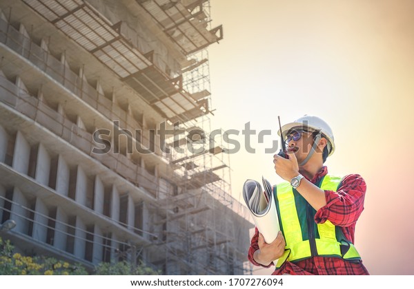 Asian Man Civil Engineering Hard Hats Stock Photo Edit Now 1707276094