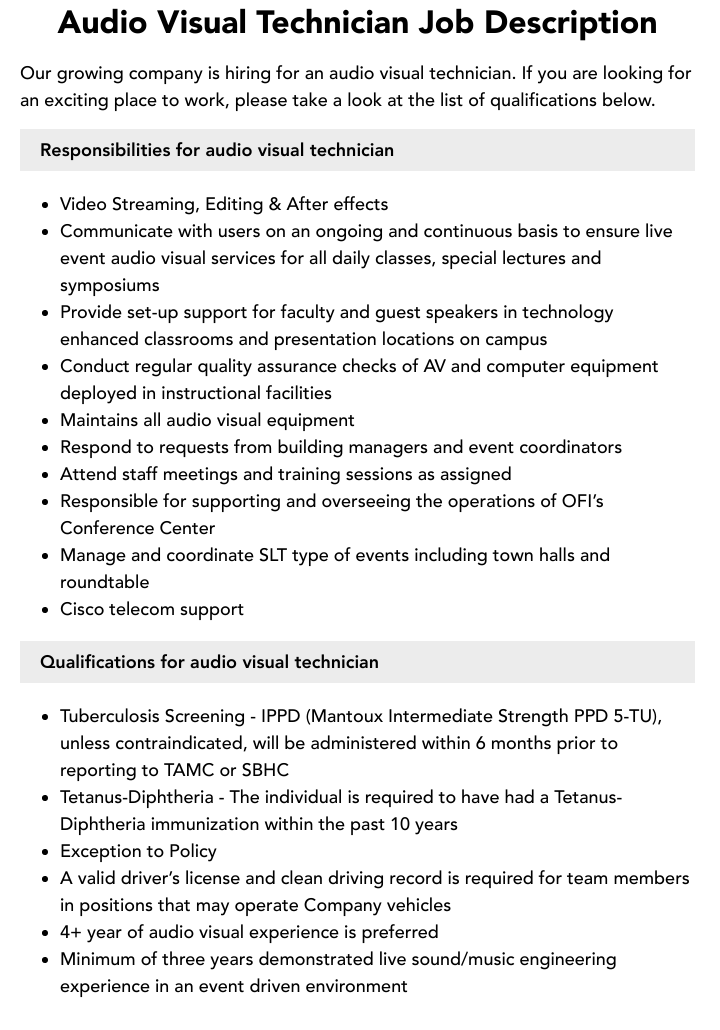 Audio Visual Technician Job Description Velvet Jobs