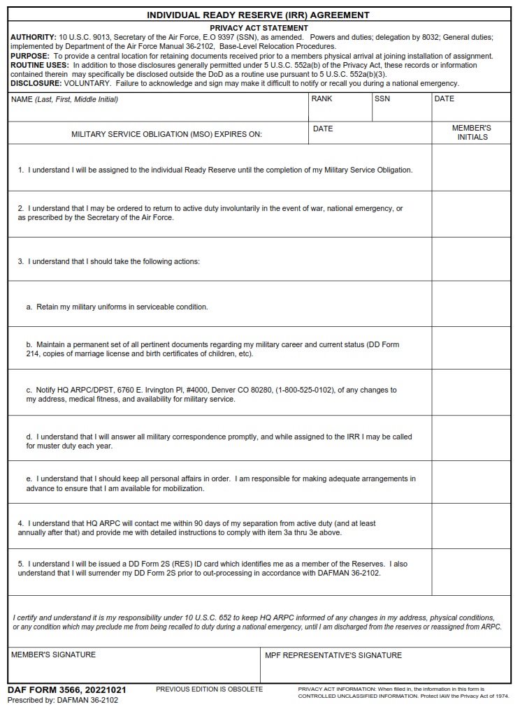 Daf Form 3566 Individual Ready Reserve Irr Agreement Af Forms