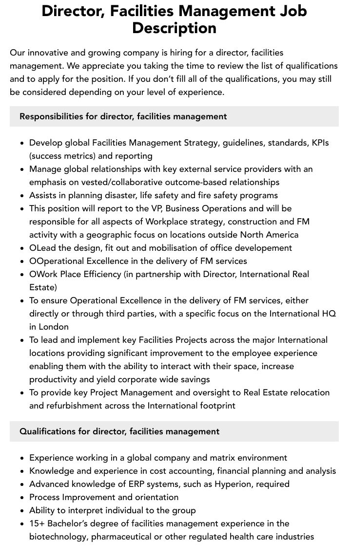 Director Facilities Management Job Description Velvet Jobs