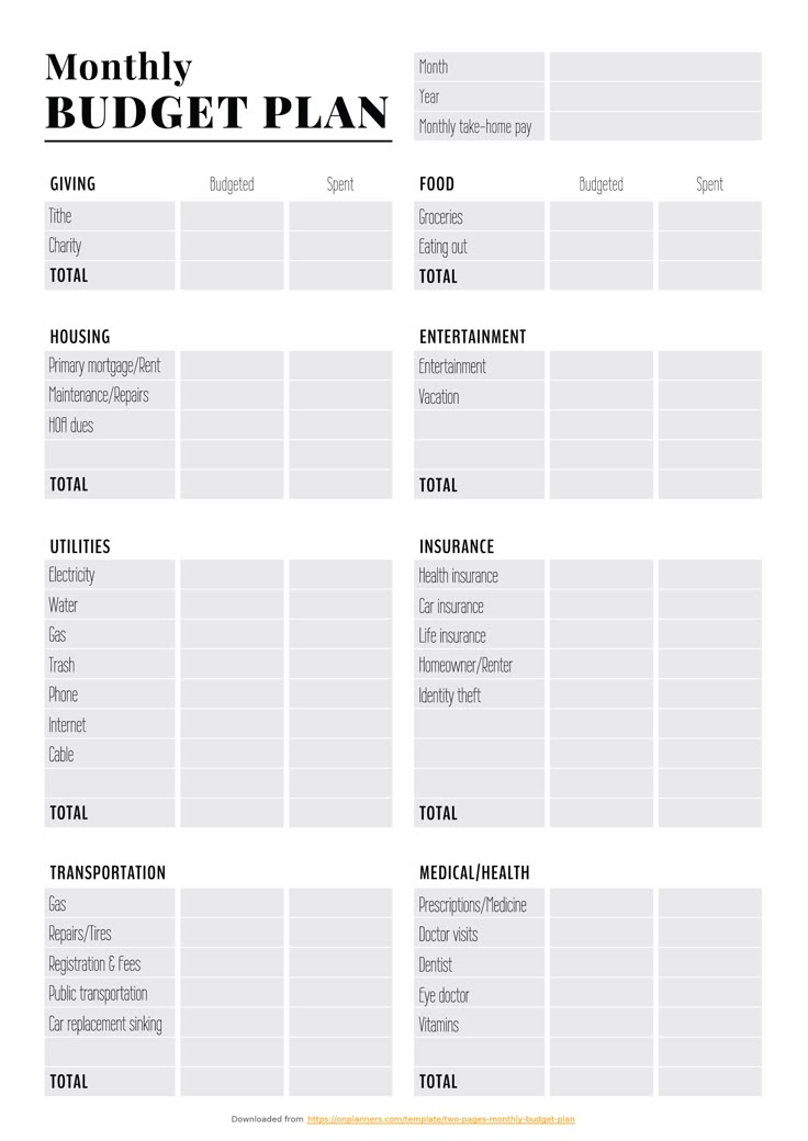 Download Printable Two Pages Monthly Budget Plan Pdf