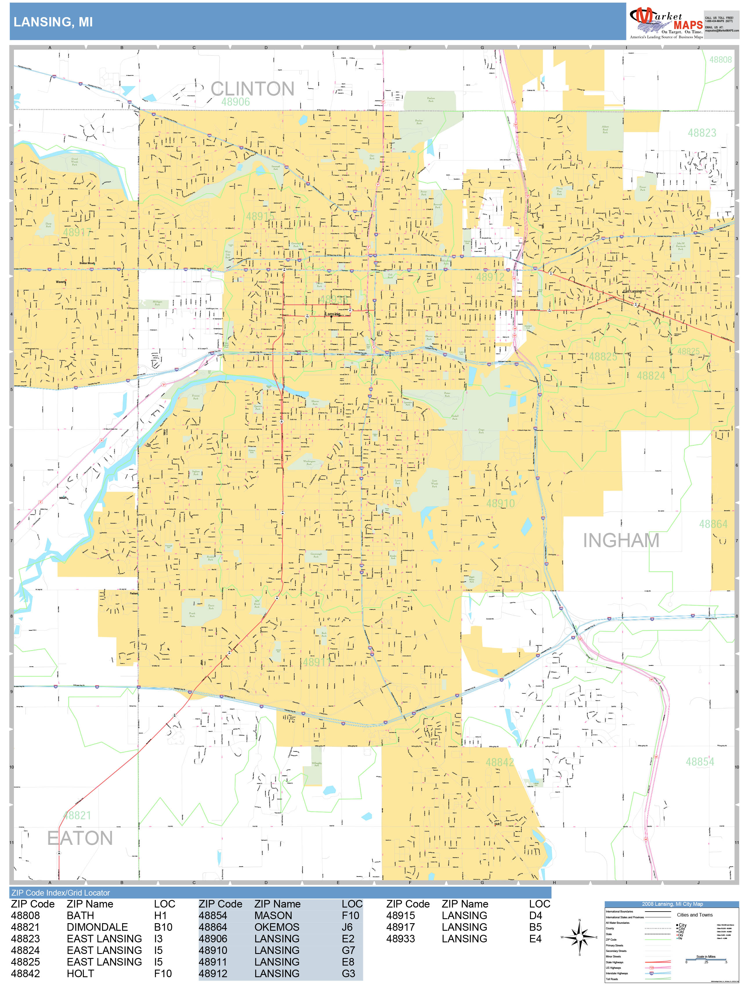 East Lansing Michigan Zip Code Wall Map Red Line Style By Marketmaps