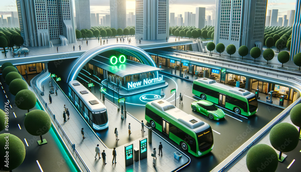 Eco Friendly Transit New Normal At A Hub With Electric Buses And Green