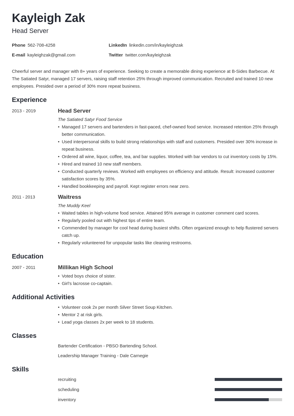 Food Service Resume Examples And 25 Writing Tips