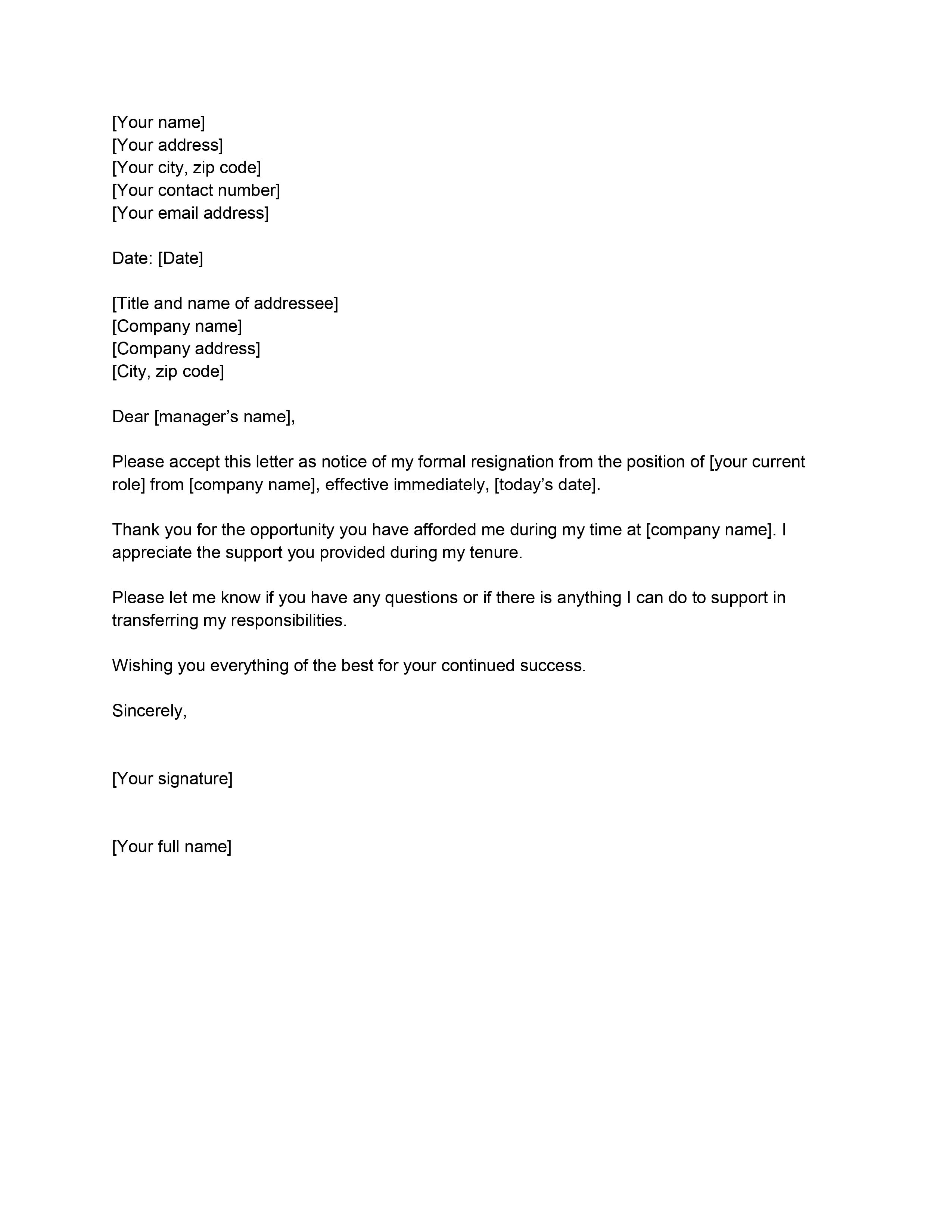 Letter Of Resignation Template Immediate Effect Sample Resignation Letter