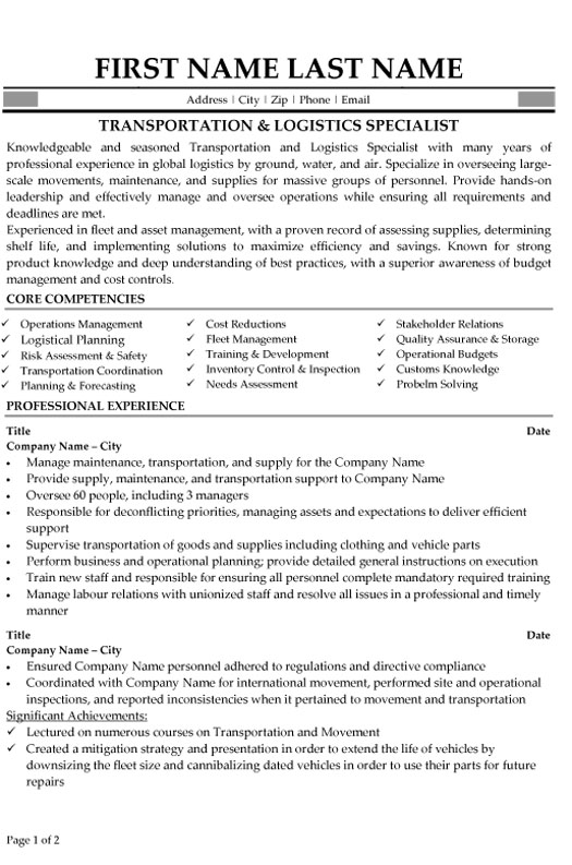 Logistics Specialist Resume Samples Qwikresume