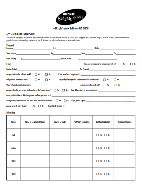 Maryland Science Center Job Application Form