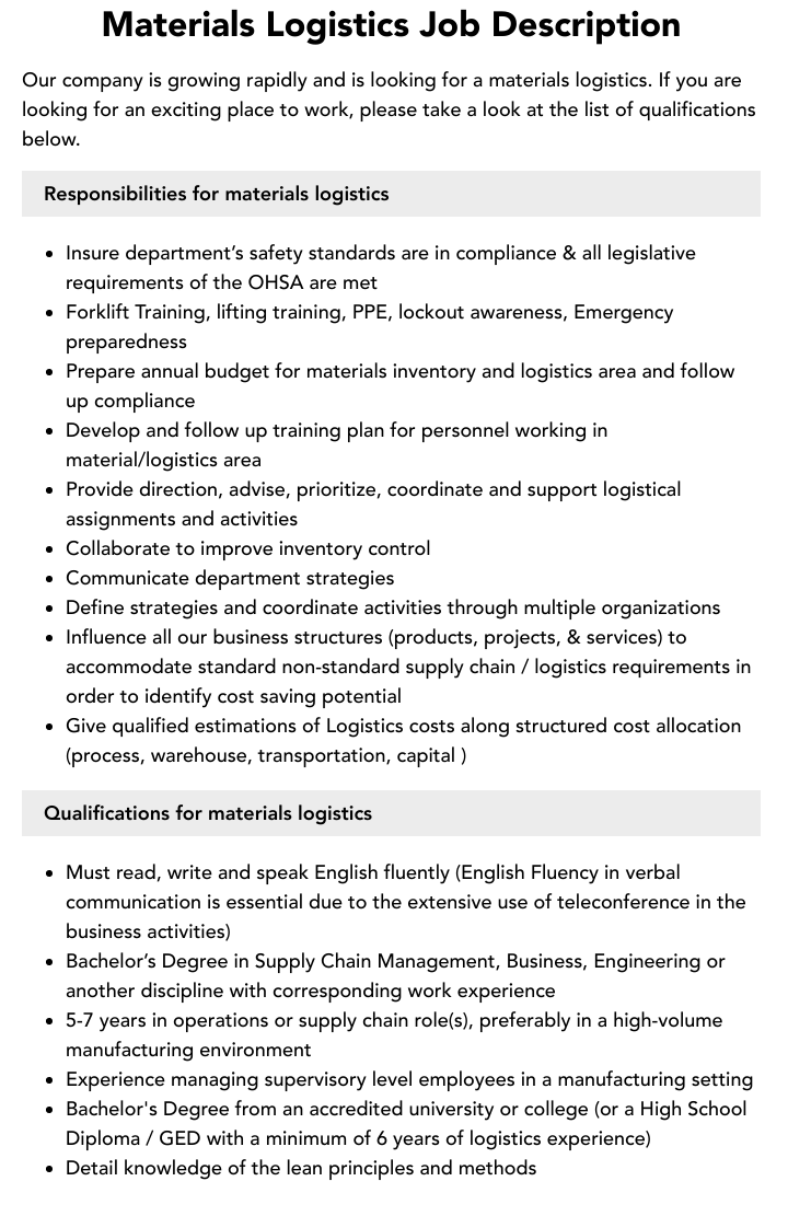 Materials Logistics Job Description Velvet Jobs