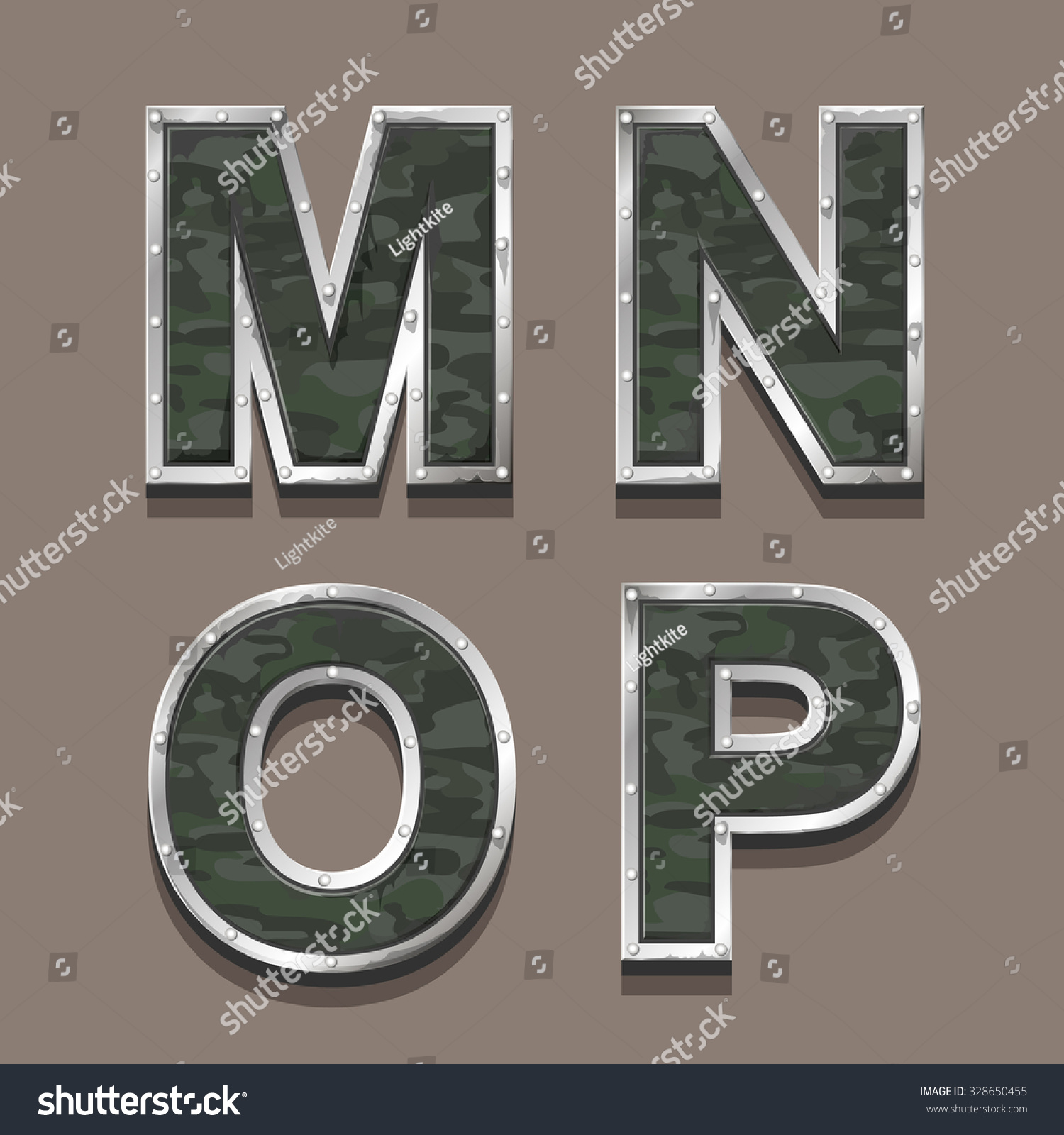 Military Letters Alphabet Steel Metallic Khaki Font Stock Vector