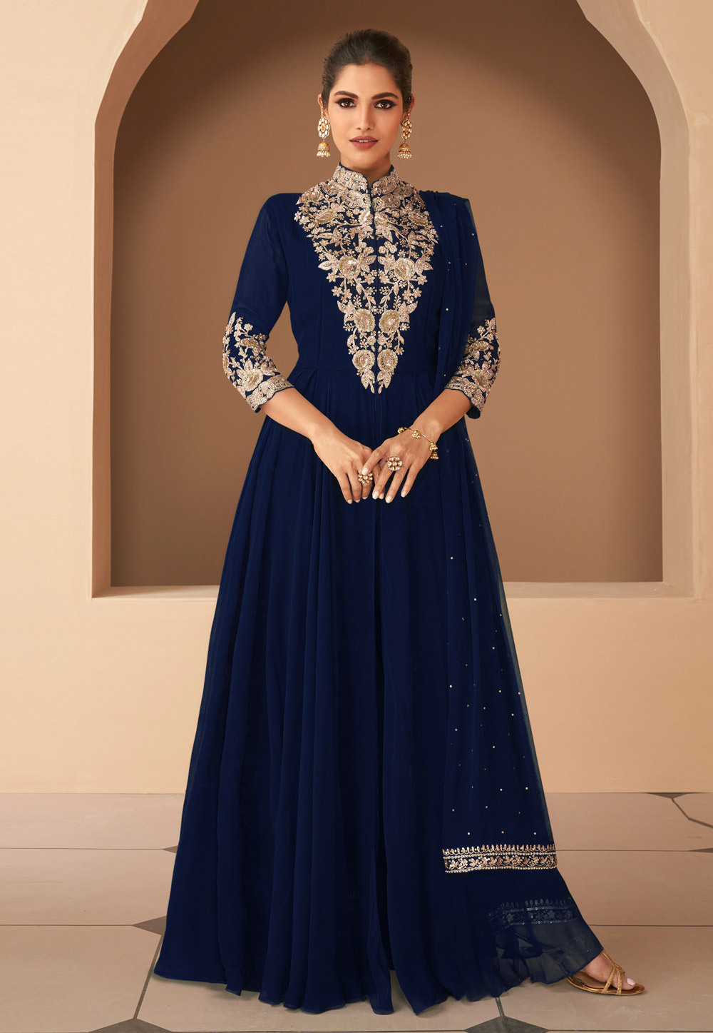 Navy Blue Georgette Readymade Long Anarkali Suit 270439