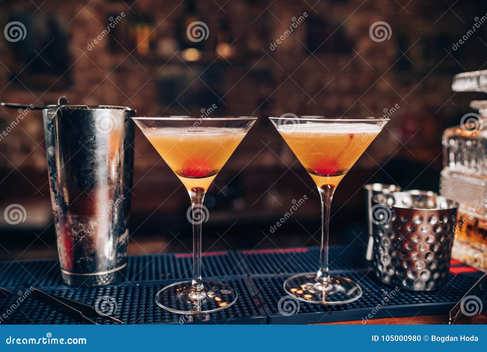 Perfect Manhattan Cocktails Alcoholic Drinks Fresh Alcoholic Beverages On Bar Counter Stock