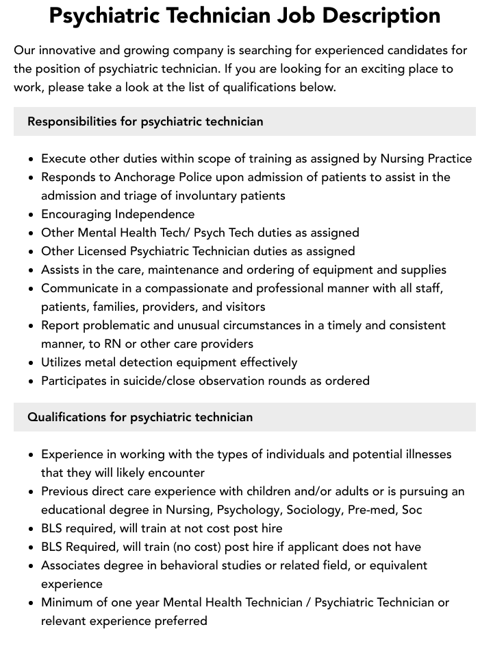 Psychiatric Technician Job Description Velvet Jobs