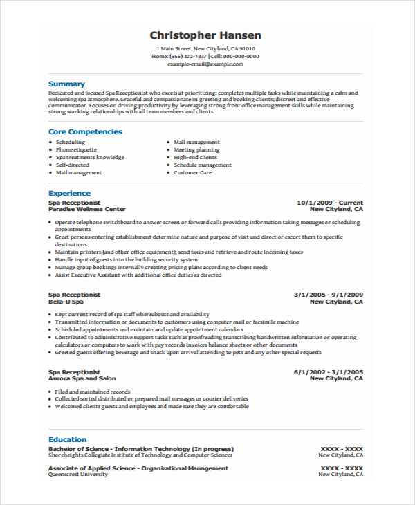 Receptionist Resume Template