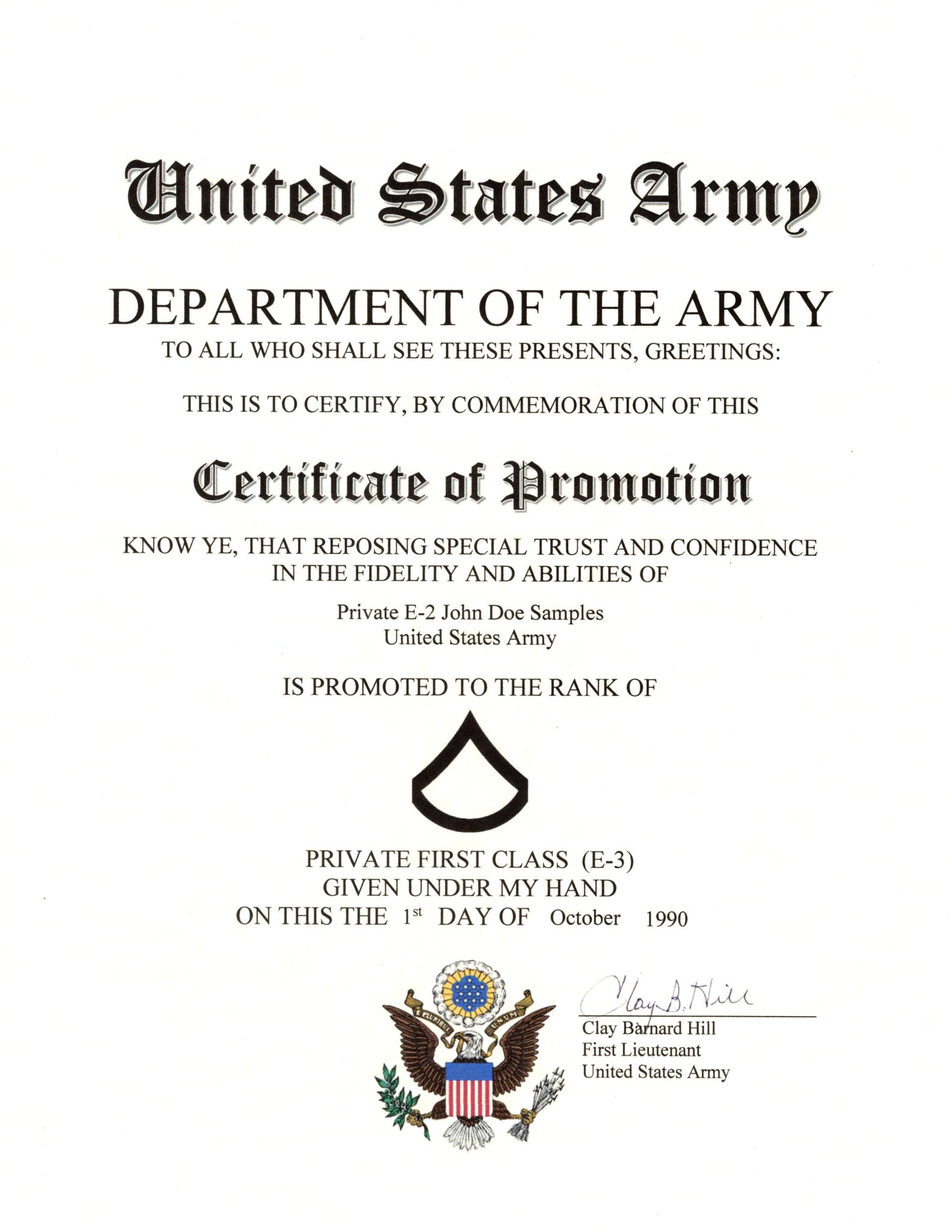 United States Army Nco Promotion Certificate Specialist E 5 E 6 E 7